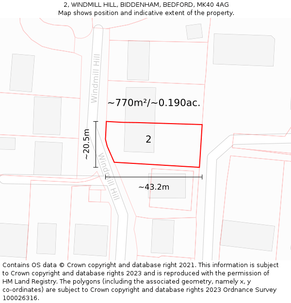 2, WINDMILL HILL, BIDDENHAM, BEDFORD, MK40 4AG: Plot and title map