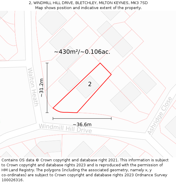 2, WINDMILL HILL DRIVE, BLETCHLEY, MILTON KEYNES, MK3 7SD: Plot and title map