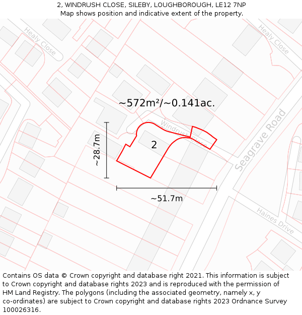 2, WINDRUSH CLOSE, SILEBY, LOUGHBOROUGH, LE12 7NP: Plot and title map