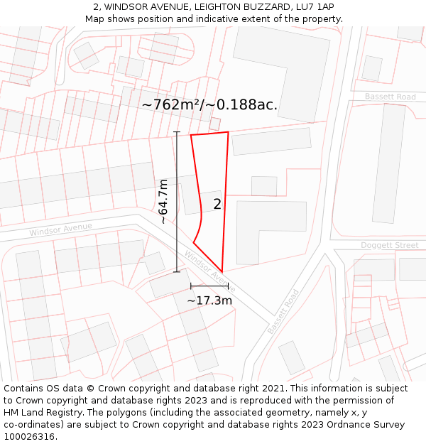 2, WINDSOR AVENUE, LEIGHTON BUZZARD, LU7 1AP: Plot and title map