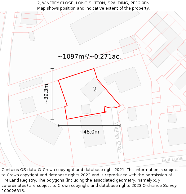 2, WINFREY CLOSE, LONG SUTTON, SPALDING, PE12 9FN: Plot and title map