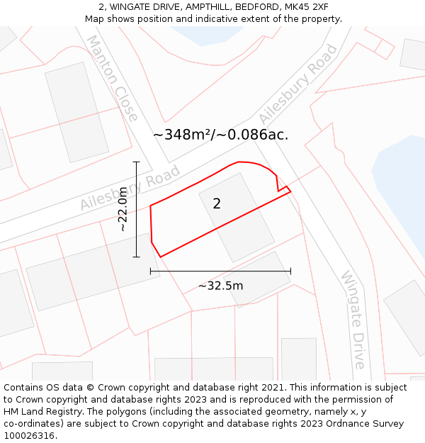 2, WINGATE DRIVE, AMPTHILL, BEDFORD, MK45 2XF: Plot and title map