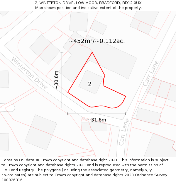 2, WINTERTON DRIVE, LOW MOOR, BRADFORD, BD12 0UX: Plot and title map