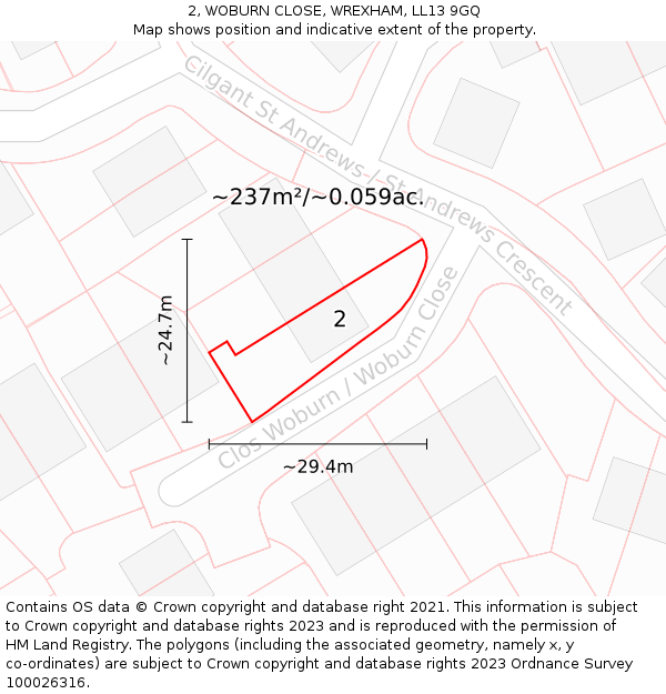 2, WOBURN CLOSE, WREXHAM, LL13 9GQ: Plot and title map