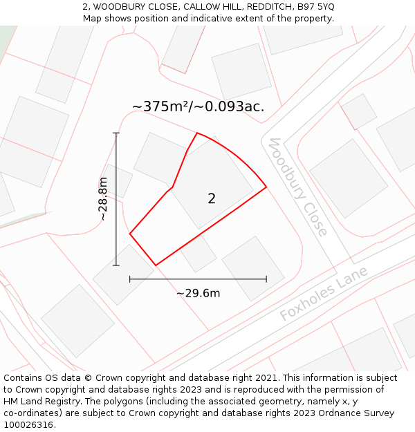 2, WOODBURY CLOSE, CALLOW HILL, REDDITCH, B97 5YQ: Plot and title map