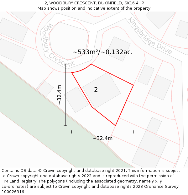 2, WOODBURY CRESCENT, DUKINFIELD, SK16 4HP: Plot and title map