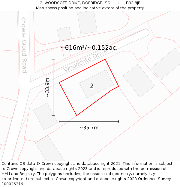 2, WOODCOTE DRIVE, DORRIDGE, SOLIHULL, B93 8JR: Plot and title map