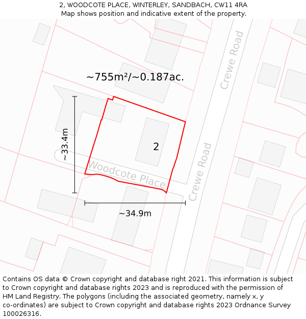 2, WOODCOTE PLACE, WINTERLEY, SANDBACH, CW11 4RA: Plot and title map