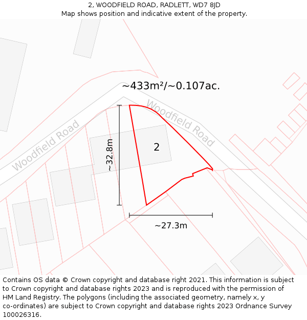 2, WOODFIELD ROAD, RADLETT, WD7 8JD: Plot and title map