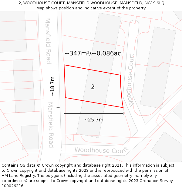 2, WOODHOUSE COURT, MANSFIELD WOODHOUSE, MANSFIELD, NG19 9LQ: Plot and title map