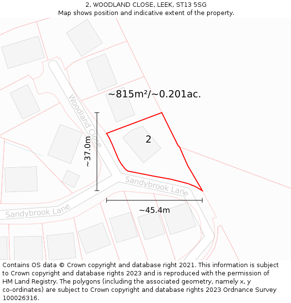 2, WOODLAND CLOSE, LEEK, ST13 5SG: Plot and title map