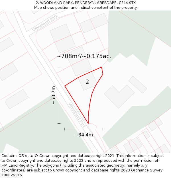 2, WOODLAND PARK, PENDERYN, ABERDARE, CF44 9TX: Plot and title map