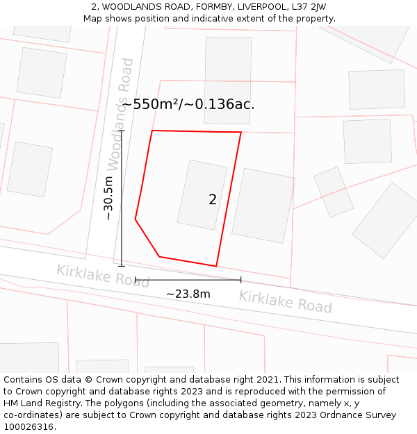 2, WOODLANDS ROAD, FORMBY, LIVERPOOL, L37 2JW: Plot and title map