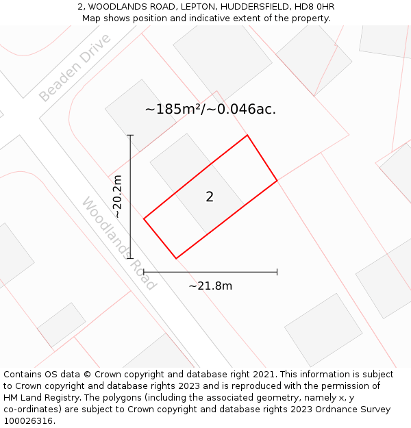 2, WOODLANDS ROAD, LEPTON, HUDDERSFIELD, HD8 0HR: Plot and title map