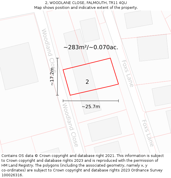 2, WOODLANE CLOSE, FALMOUTH, TR11 4QU: Plot and title map