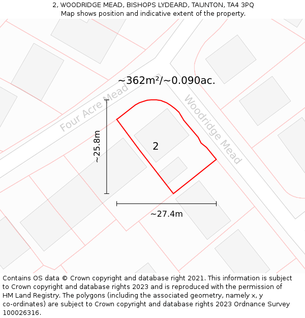 2, WOODRIDGE MEAD, BISHOPS LYDEARD, TAUNTON, TA4 3PQ: Plot and title map