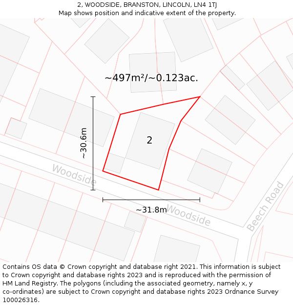 2, WOODSIDE, BRANSTON, LINCOLN, LN4 1TJ: Plot and title map