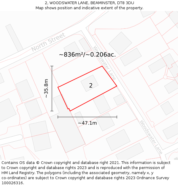 2, WOODSWATER LANE, BEAMINSTER, DT8 3DU: Plot and title map