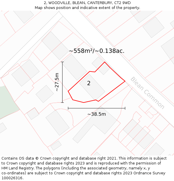 2, WOODVILLE, BLEAN, CANTERBURY, CT2 9WD: Plot and title map