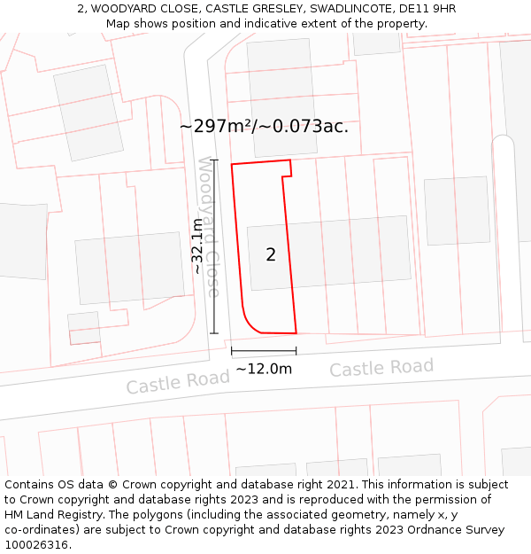 2, WOODYARD CLOSE, CASTLE GRESLEY, SWADLINCOTE, DE11 9HR: Plot and title map