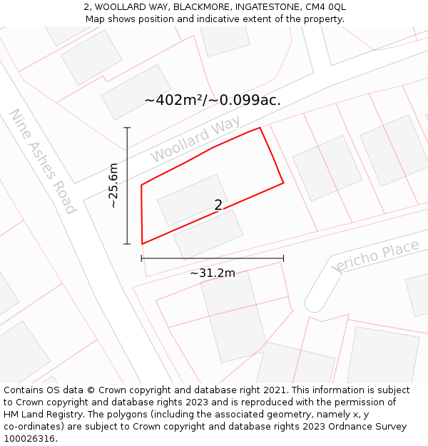 2, WOOLLARD WAY, BLACKMORE, INGATESTONE, CM4 0QL: Plot and title map