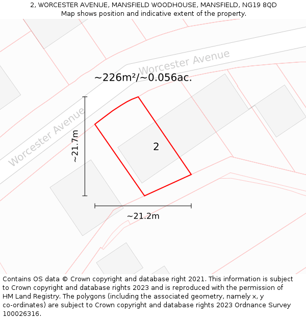 2, WORCESTER AVENUE, MANSFIELD WOODHOUSE, MANSFIELD, NG19 8QD: Plot and title map