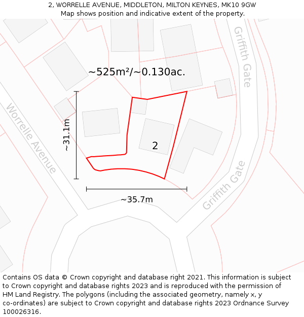 2, WORRELLE AVENUE, MIDDLETON, MILTON KEYNES, MK10 9GW: Plot and title map