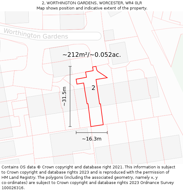 2, WORTHINGTON GARDENS, WORCESTER, WR4 0LR: Plot and title map