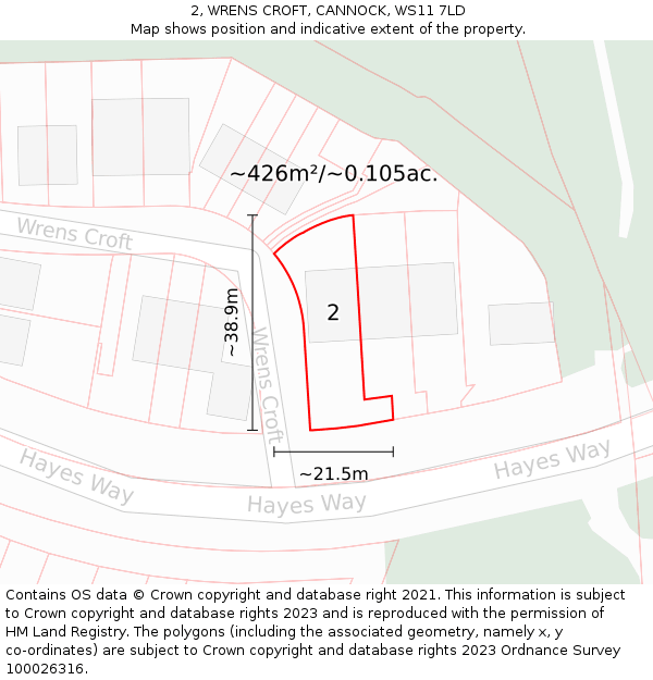 2, WRENS CROFT, CANNOCK, WS11 7LD: Plot and title map