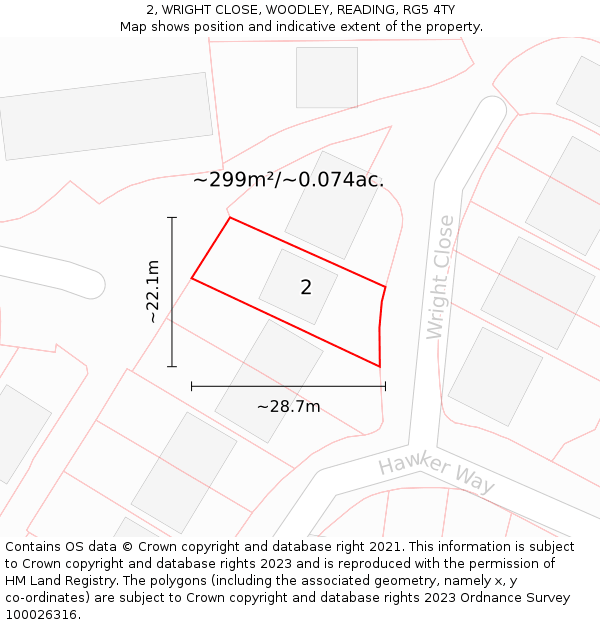 2, WRIGHT CLOSE, WOODLEY, READING, RG5 4TY: Plot and title map