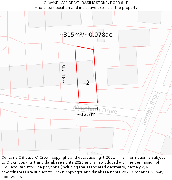 2, WYKEHAM DRIVE, BASINGSTOKE, RG23 8HP: Plot and title map