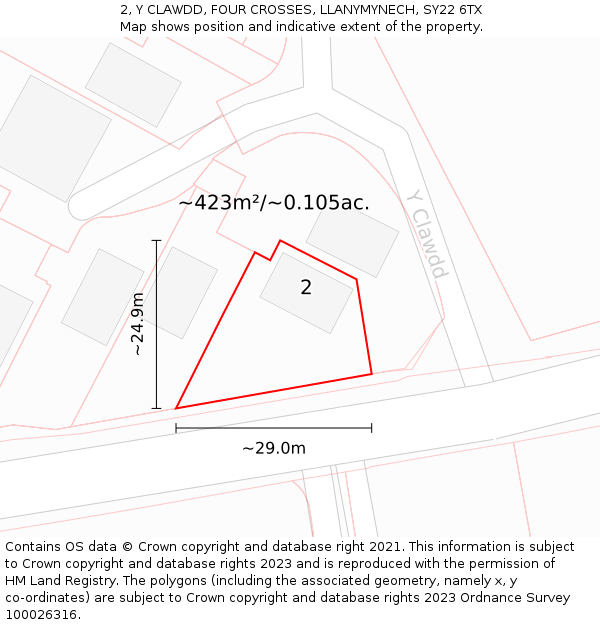 2, Y CLAWDD, FOUR CROSSES, LLANYMYNECH, SY22 6TX: Plot and title map