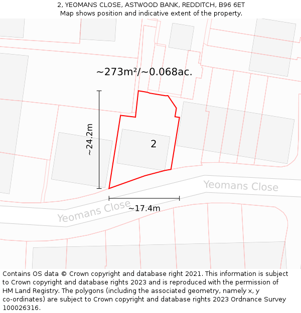 2, YEOMANS CLOSE, ASTWOOD BANK, REDDITCH, B96 6ET: Plot and title map