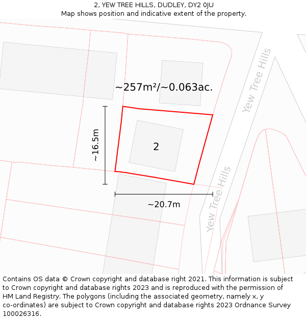 2, YEW TREE HILLS, DUDLEY, DY2 0JU: Plot and title map