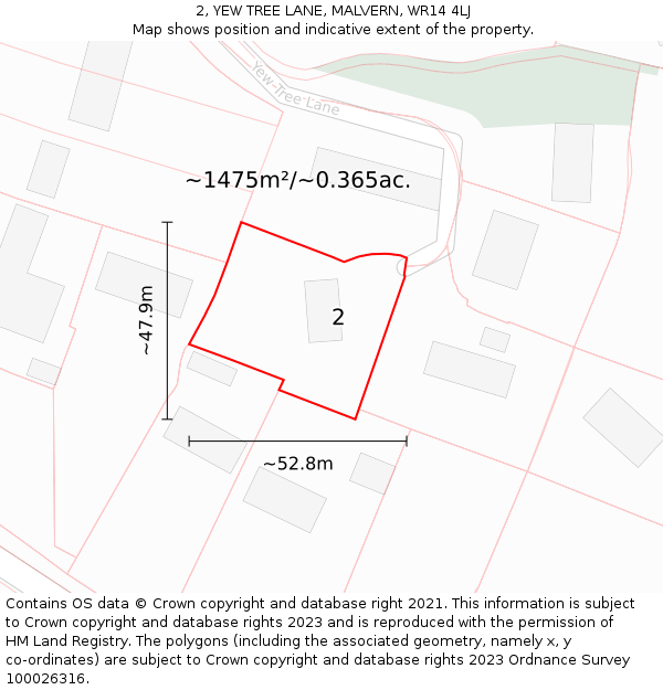 2, YEW TREE LANE, MALVERN, WR14 4LJ: Plot and title map