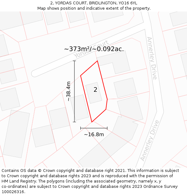 2, YORDAS COURT, BRIDLINGTON, YO16 6YL: Plot and title map