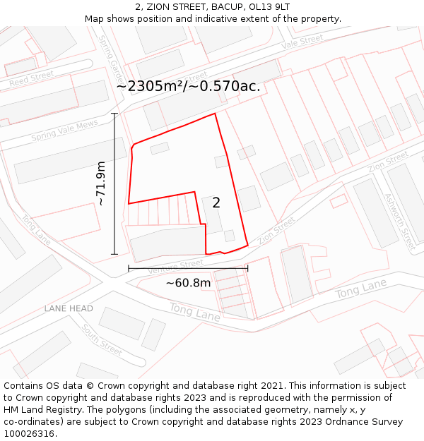 2, ZION STREET, BACUP, OL13 9LT: Plot and title map