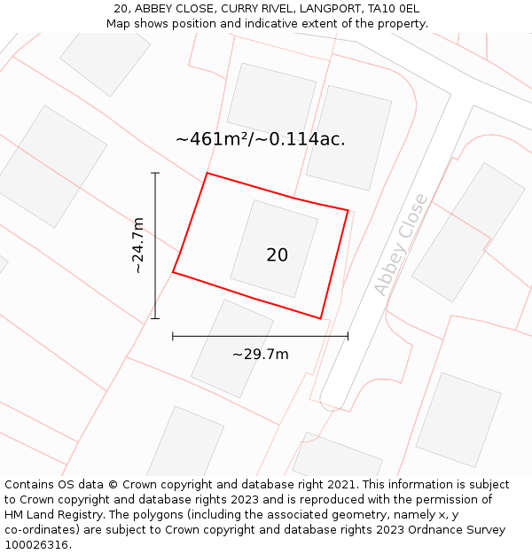 20, ABBEY CLOSE, CURRY RIVEL, LANGPORT, TA10 0EL: Plot and title map