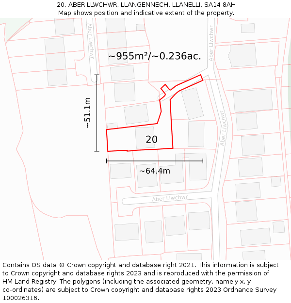 20, ABER LLWCHWR, LLANGENNECH, LLANELLI, SA14 8AH: Plot and title map