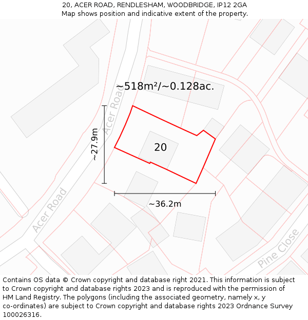 20, ACER ROAD, RENDLESHAM, WOODBRIDGE, IP12 2GA: Plot and title map