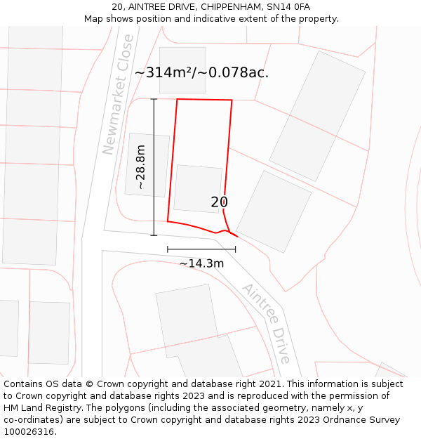 20, AINTREE DRIVE, CHIPPENHAM, SN14 0FA: Plot and title map