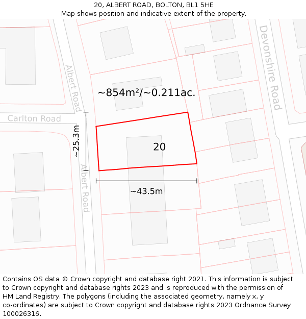 20, ALBERT ROAD, BOLTON, BL1 5HE: Plot and title map