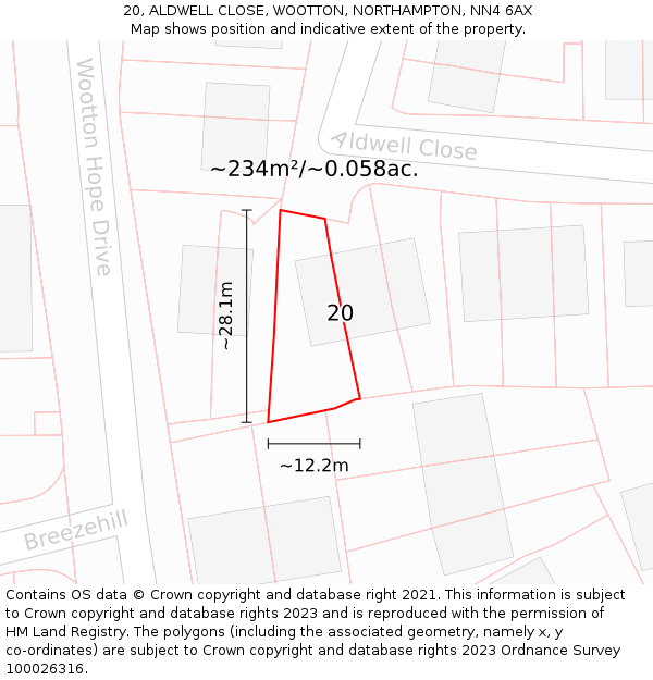 20, ALDWELL CLOSE, WOOTTON, NORTHAMPTON, NN4 6AX: Plot and title map