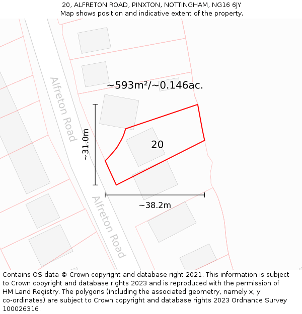 20, ALFRETON ROAD, PINXTON, NOTTINGHAM, NG16 6JY: Plot and title map