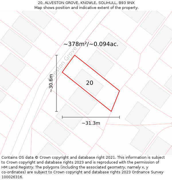 20, ALVESTON GROVE, KNOWLE, SOLIHULL, B93 9NX: Plot and title map