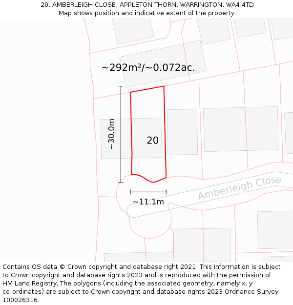 20, AMBERLEIGH CLOSE, APPLETON THORN, WARRINGTON, WA4 4TD: Plot and title map