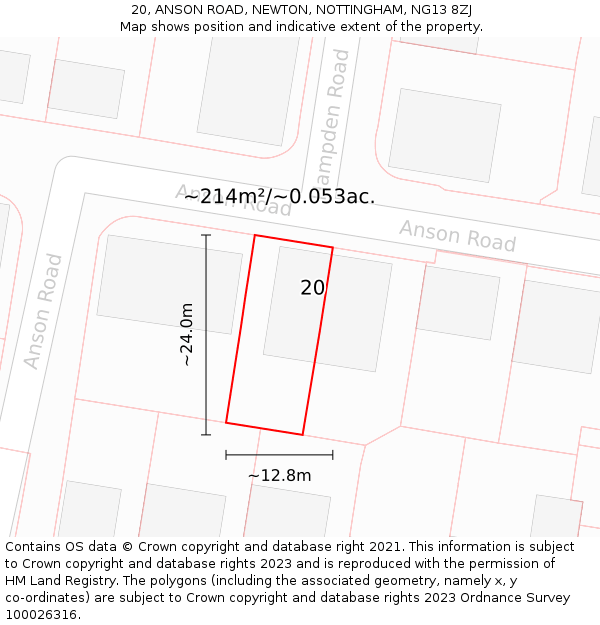 20, ANSON ROAD, NEWTON, NOTTINGHAM, NG13 8ZJ: Plot and title map