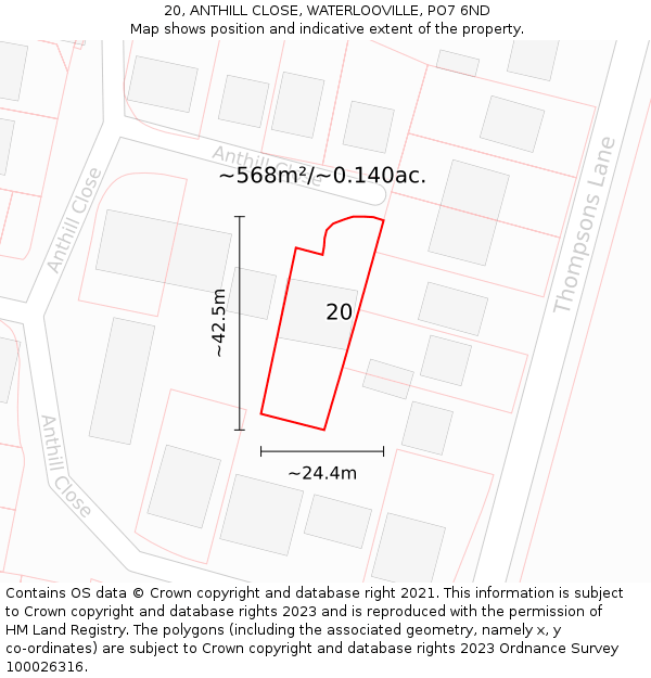 20, ANTHILL CLOSE, WATERLOOVILLE, PO7 6ND: Plot and title map