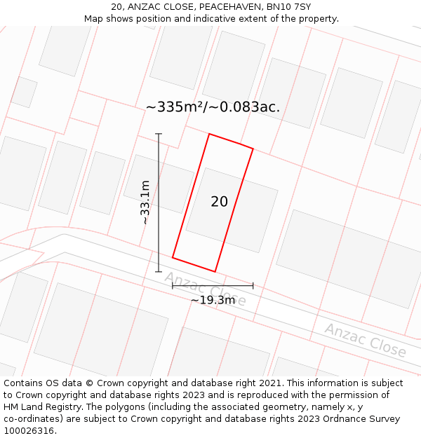 20, ANZAC CLOSE, PEACEHAVEN, BN10 7SY: Plot and title map