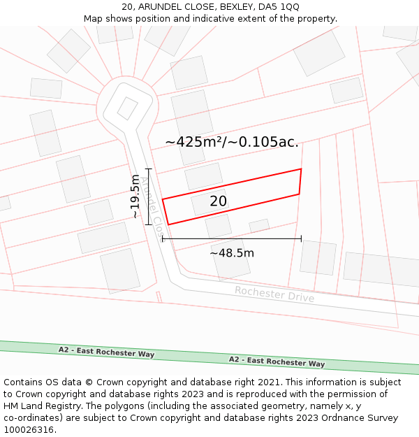 20, ARUNDEL CLOSE, BEXLEY, DA5 1QQ: Plot and title map